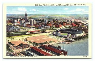 Vintage Postcard Municipal Stadium East 9th Street Pier Indians Cleveland Oh J0