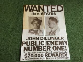 John Dillinger Wanted Poster Gang W/ Baby Face Bank Robbery Mob Mafia