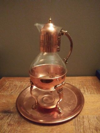 Vintage Glass & Copper Coffee Tea Carafe Pot Server Pitcher & Lid & Stand & Tray