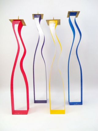Cec Lepage Set Of 4 Lucite Candle Holders Red Blue Purple Yellow Candlesticks