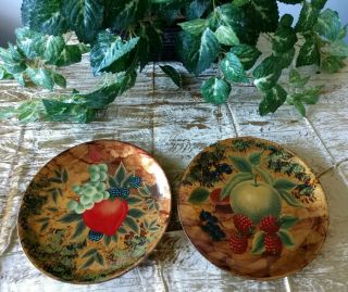 Oriental Accent Plates 2 Hand Painted Lustrous Fruit 10 " Decorative