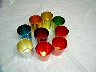 9 Vtg Bascal Anodized Aluminium Multi Colors Juice Tumblers 3 1/4 " X 2 3/8 "