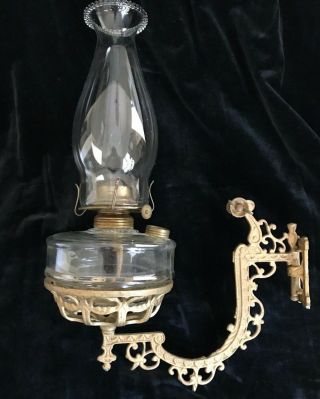 Antique Ornate Cast Iron Oil / Kerosene Wall Mount Lamp