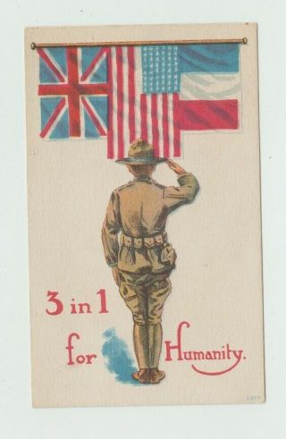 C.  1918 Ww1 Patriotic Postcard Soldier Saluting Allies Flags