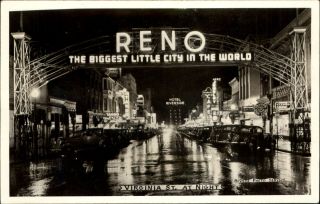 Rppc Reno Nevada Virginia St.  Night Hotel Riverside Monarch Cafe 1940s Card