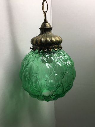 Vintage Mcm Teal Green Flashed Glass Hanging Swag Lamp Light
