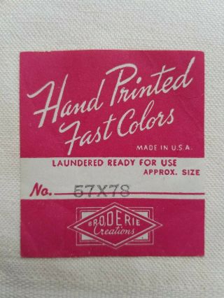 Vintage 1950 ' s Cotton Print Barkcloth TABLECLOTH 48x54 Orignal Label 2