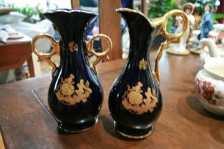 2 Cobult Blue Limoges France Vases,  W/ Gold Handles,  Victorian Scene Blue / Gold
