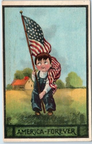 Vintage Artist - Signed Wall Patriotic Postcard Boy W/ U.  S.  Flag America Forever