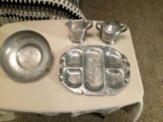 Vintage Hammered Aluminum Sugar And Creamer W/snack Tray And Bowl