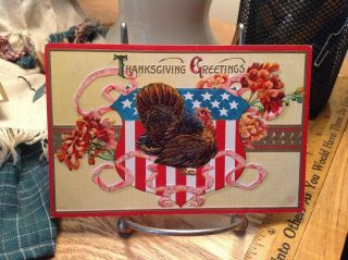 Vintage Patriotic Thanksgiving Postcard Turkey On Big Shield,  Pink Ribbon