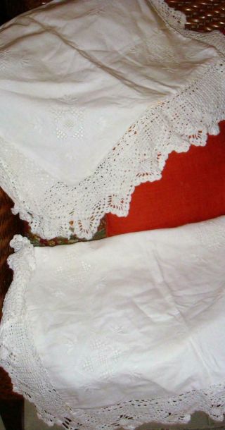 Mia Armand Of Beverly Hills 2 White King Crochet & Lace Pillow Shams Vtg Zipper