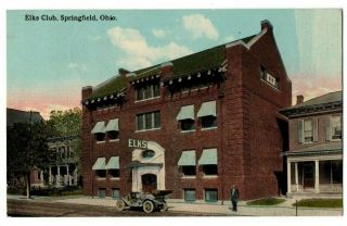 Oh Ohio Springfield Elks Club Building Auto Car Scene Clark County Postcard