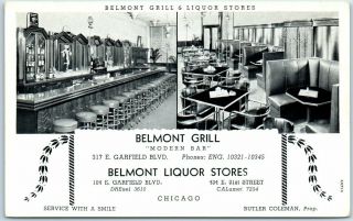 Chicago Il Advertising Postcard Belmont Grill & Liquor Stores 2 Locations C1950s