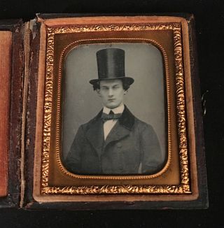 1/9 Plate Daguerreotype Image Of A Young Gentleman In A Tall Top Hat