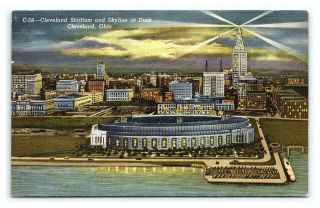 Vintage Postcard Cleveland Stadium And Skyline At Dusk Cleveland Ohio C4