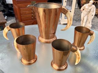 PHV & Co England Copper Pitcher & Tankard Mugs With Boars Tusk Handles 4
