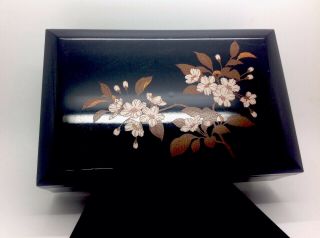 Vintage Japan Otagiri Cherry Blossoms Black Lacquerware Jewelry Music Box Mirror