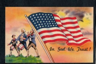 E318 Postcard Linen Patriotic Usa Flag In God We Trust