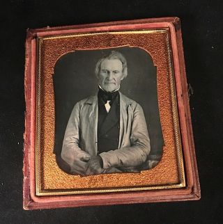 1/6 Plate Daguerreotype Of White - Haired Gent,  Sharp Focus,  No Wipes,  Half Case