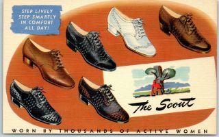 1940s Linen Adv.  Postcard The Scout Shoes " Worn By Thousands Of Active Women "