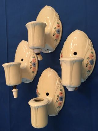 Set Of 4 Vintage Art Deco Ivory Porcelain Bathroom Wall Sconces Pink/blue Floral