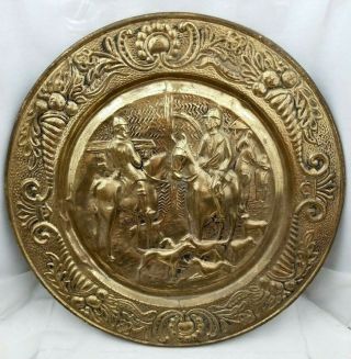 Vintage Brass Plated Hammered Copper Wall Charger Plate Fox Hunters On Horses
