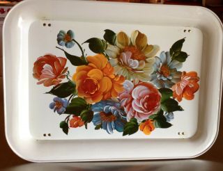 Vintage Tv Tray Tole Painted Flowers Folding Metal