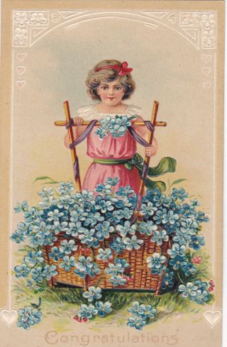 Child With Basket Of Flowers,  Congratulations,  00 - 10s; Embossed