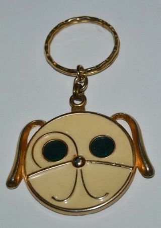 Vintage Large Metal Off White / Cream & Golden Dog Puppy Face Key Chain Rare
