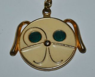 Vintage Large Metal Off White / Cream & Golden Dog Puppy Face Key Chain RARE 2