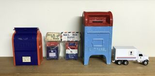 Post Office Mailbox And Mail Truck Collectibles Set Of 5 Metal - Plastic - Ceramic