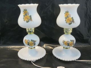 Pair Vgt Electric Portable Lamp - White Milk Glass - Yellow Rose Painted Chimney