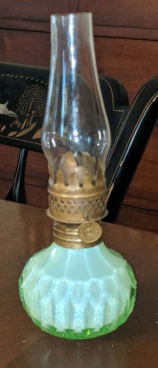 Antique Miniature Oil Lamp Vaseline Green Cut Glass P&a Acorn Burner