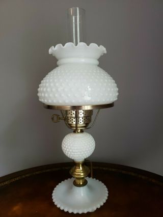 Vintage Hobnail Milk Glass Hurricane Lamp W/ Shade & Globe - Gone With The Wind