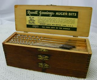 Antique Russell Jennings Spur Auger Bits Set - 3 Tier Wooden Box
