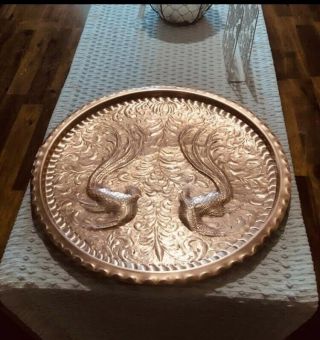 Copper 16 " Hand Hammered Embossed Wall Hanging Tray Birds