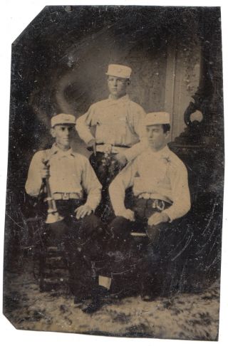 Tintype - - Three Firemen In Plastron - Front Shirts,  One With Speaking Horn