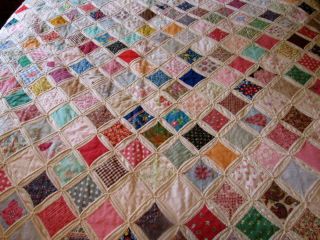 Vintage Hand Sewn Cathedral Window Quilt.