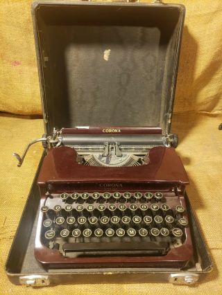 Vintage Antique Corona Dark Red / Maroon Sterling Portable Typewriter W Case Old