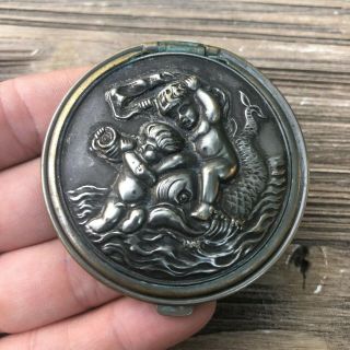Vintage Antique Silver Plated Brass Parts Coin Purse Lid Detailed Cherubs Fish