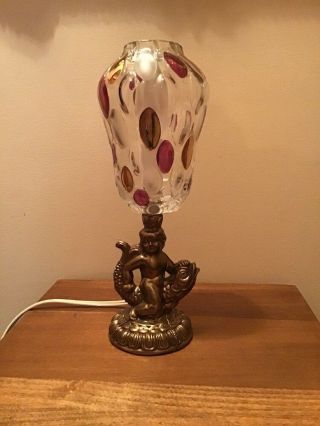 Vintage Brass Finish Cherub & Fish Table Lamp W/colored Glass Shade