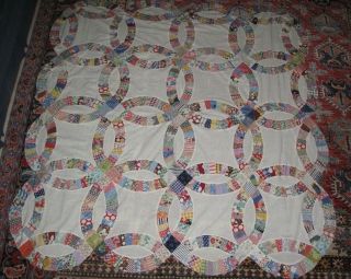 Vintage Double Wedding Ring Quilt Top 72 " X 72 " Machine Stitched