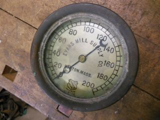Vintage Evans Mill Supply Co Boston Ma Brass & Cast Iron 200lb Pressure Gauge