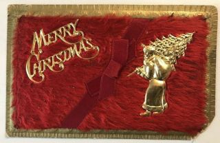 Merry Christmas Santa Claus Metal Add On Fluffy Antique Novelty Postcard - C163