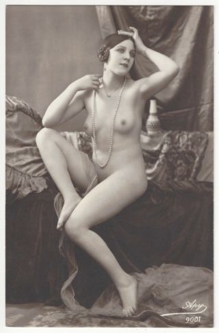 1920 French Photograph - Striking,  Slender,  Naked Flapper Wearing Beads
