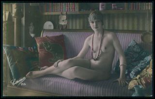 French Nude Woman Bookshely Sofa Old 1920s Tinted Color Photo Postcard