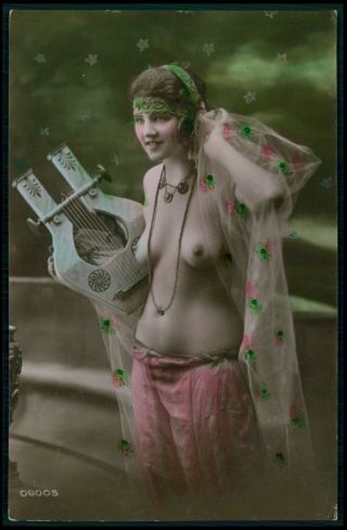 French Nude Harp Music Woman Old 1920s Tinted Color Photo Postcard