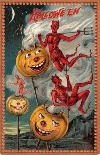 C.  1910 Devils & Jack O Lanterns Halloween Post Card Tuck