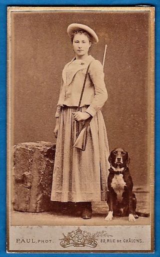 Cdv Photo Rare Huntress Hunter Girl Gun Dog Hunting Chasse Chien France Ca 1890